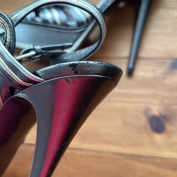 Yves Saint Laurent | Leather Metallic Silver and Gold Tribute Platform Sandals - Picture 11 of 15